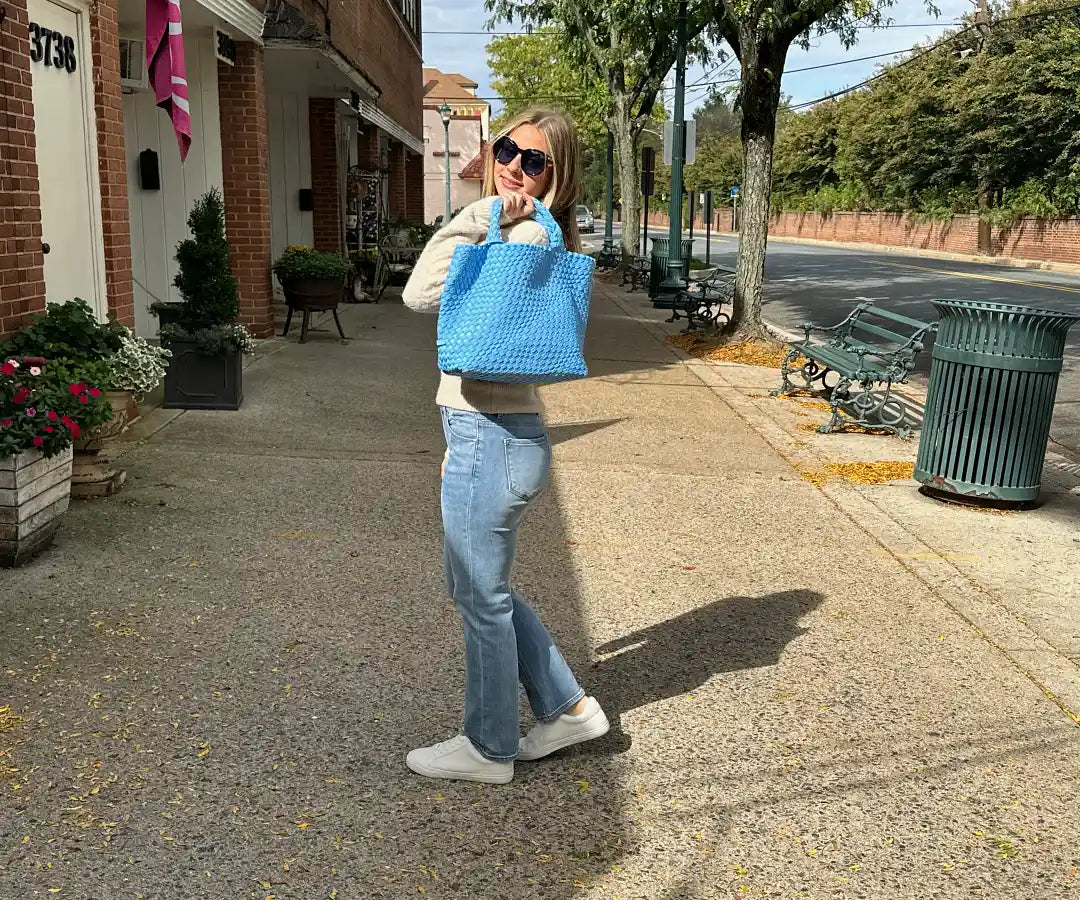 バッグ HeiPo EYELETS NYLON TOTE BAG 3050B AHDORNED Sky Blue Woven Neoprene Tote Crossbody - Lilly– Pink Dot