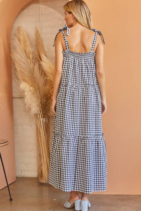 Andrée by Unit-Black Gingham Tiered Maxi Dress-Pink Dot Styles