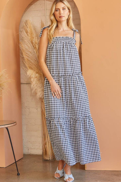 Andrée by Unit-Black Gingham Tiered Maxi Dress-Pink Dot Styles