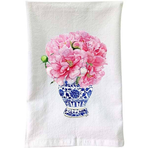 B McVan Designs-Blue & White - Pink Peonies Flour Sack Towel-Pink Dot Styles