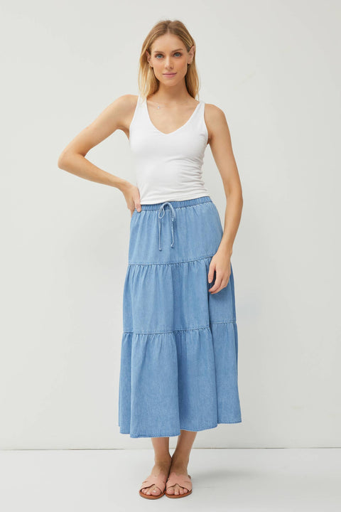 Be Cool-CHAMBRAY PULL ON TIERED MIDI SKIRT: Med Wash / L-Pink Dot Styles
