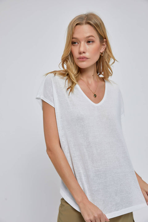 White Basic Washed V-Neck Tee-Apparel > Womens > Tops > T-Shirts-Pink Dot Styles