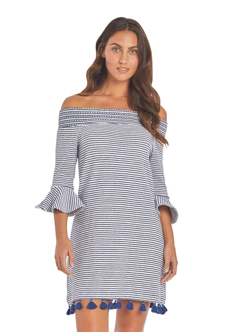 Cabana Life-Essentials | Navy Stripe Terry Off the Shoulder Dress-Pink Dot Styles