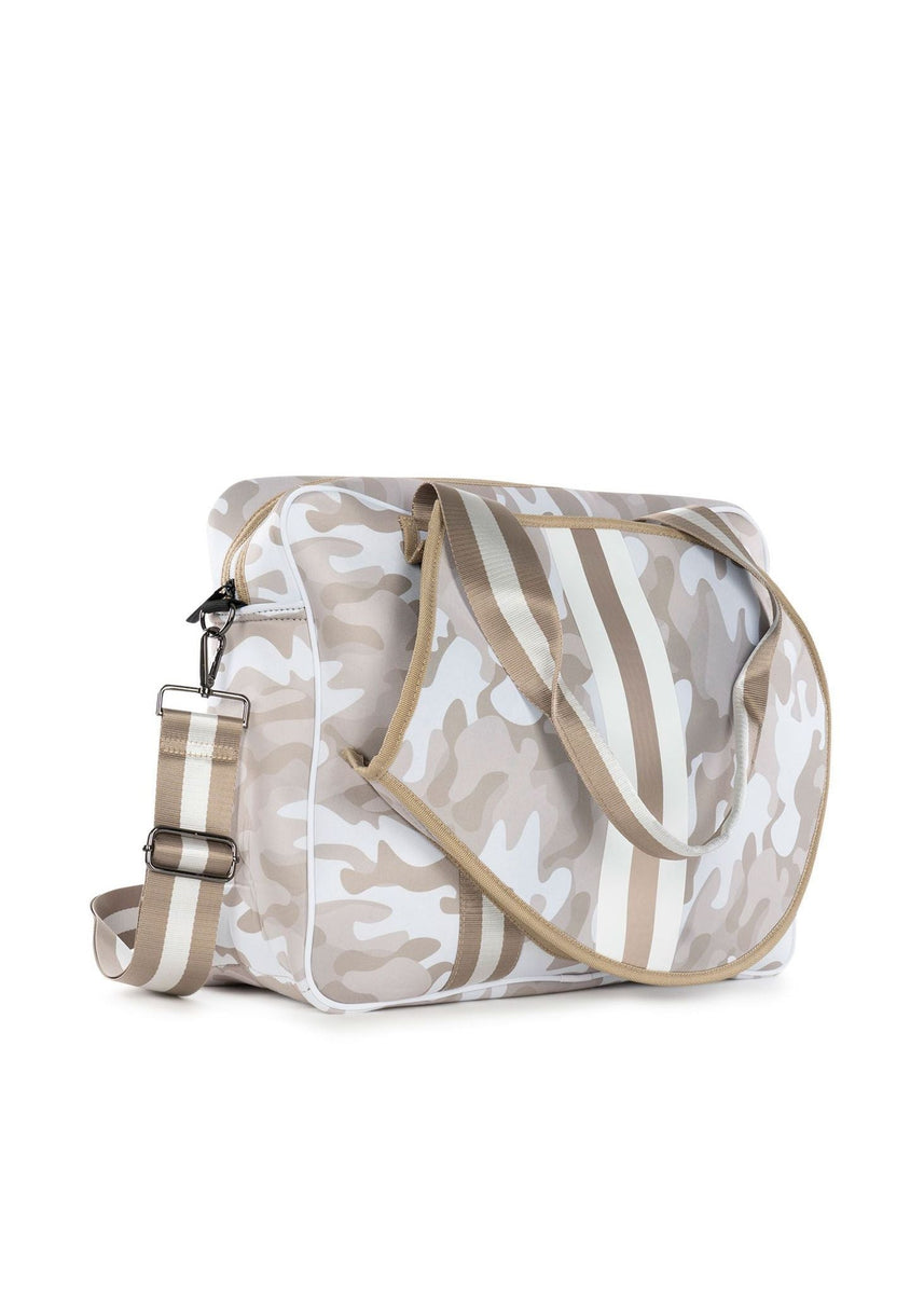 Haute Shore | Billie Sahara - Beige Camo Neoprene Tennis Bag w/Stripe