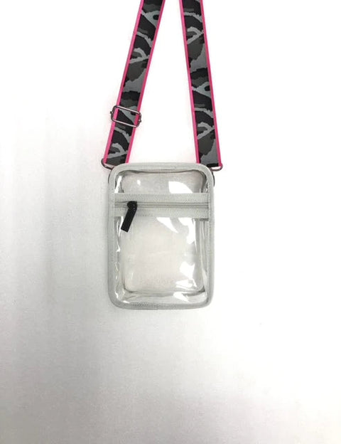 Casey Clear Camo | Stadium Approved Clear Cellphone Crossbody-Accessories > Handbags > Compact Crossbody-Pink Dot Styles