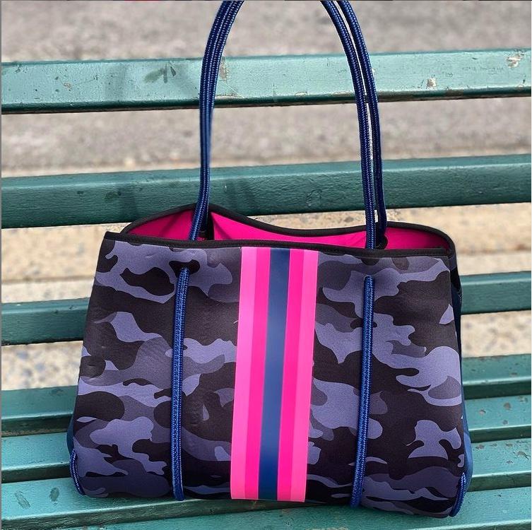 Neoprene Camo Tote Bag Purse Pink Orange Stripe in Gray or Green for Beach, Gym, Travel Green Camo