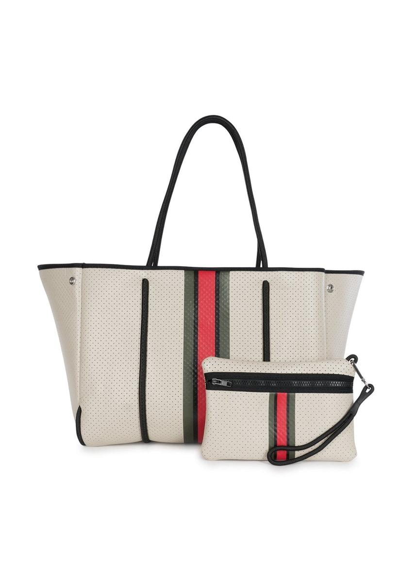 Haute Shore Neoprene w Red Green Stripe Tote Bag