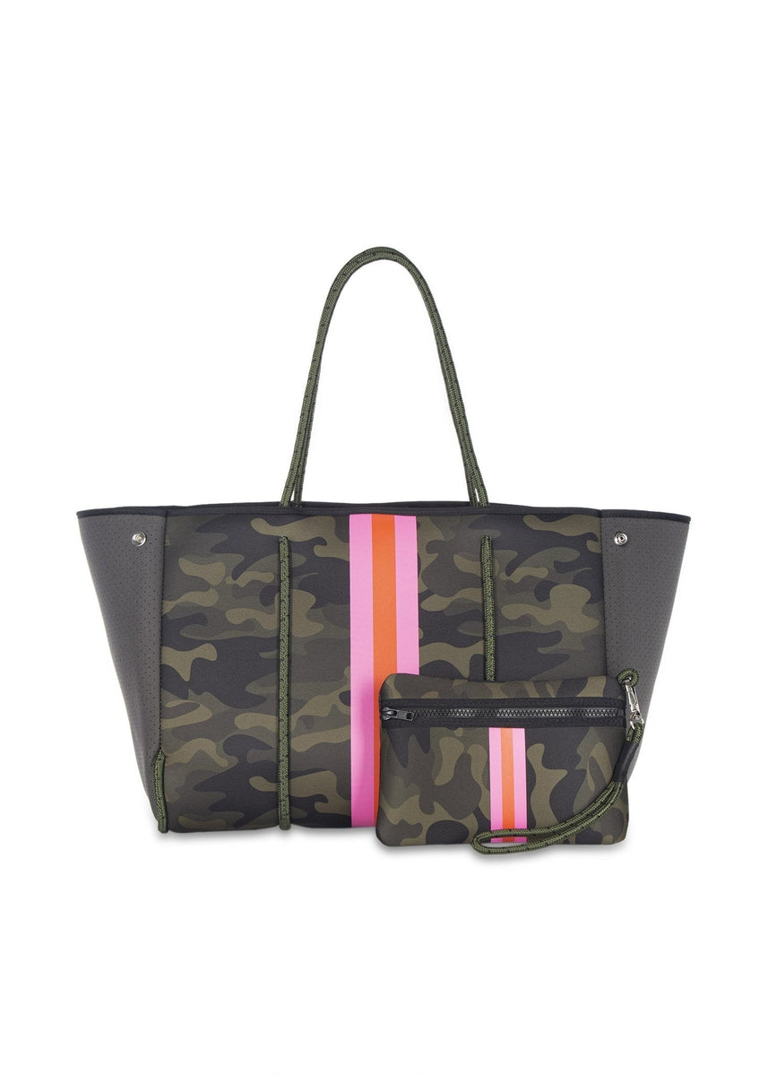 Neoprene Tote Bag Green Camo w/ Pink & Orange Stripes