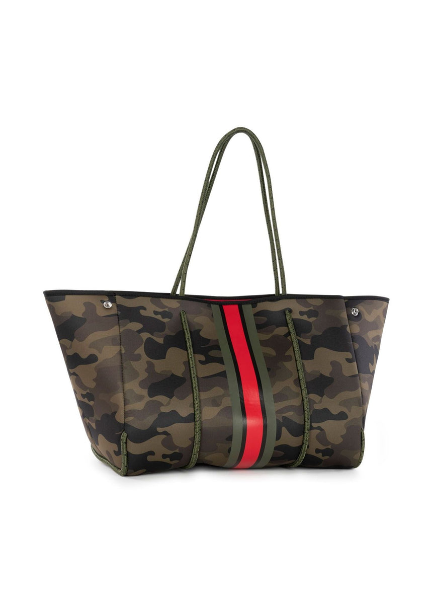 Haute Shore - Greyson Soho Neoprene Tote Bag w/Zipper Wristlet Inside,  Green Camo W/Olive, Black, & Red Stripe
