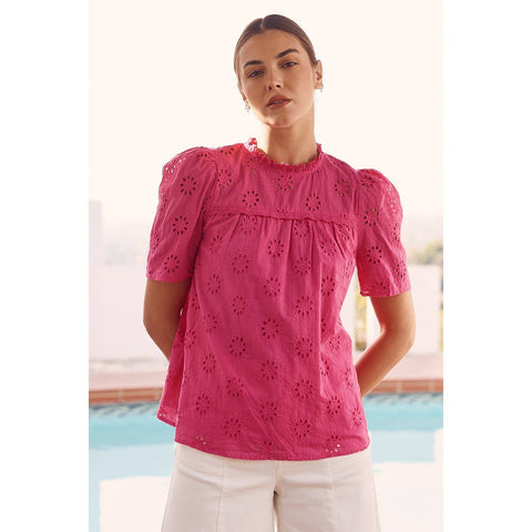 in february-COTTON EYELET SHORT SLEEVE TOP: L / HOT PINK-Pink Dot Styles