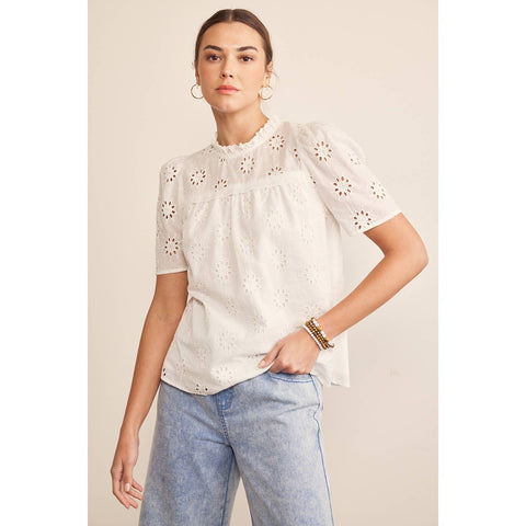 in february-COTTON EYELET SHORT SLEEVE TOP: L / OFF WHITE-Pink Dot Styles