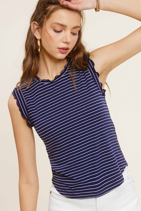 La Miel-HCT7692-Brushed Stripe Ruffle Sleeve Spring Summer Top: L / Space-Pink Dot Styles