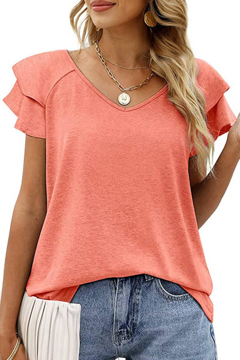 Lily Clothing-V NECK DOUBLE SLEEVE LOOSE TOP_CWTTS0527: PINK / (L) 1-Pink Dot Styles