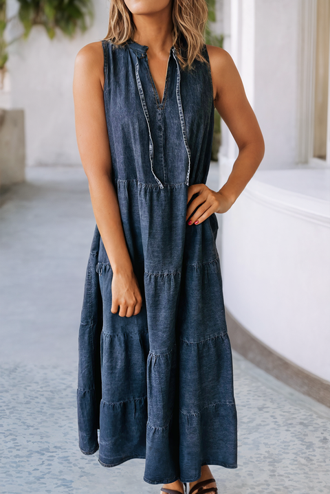 Little Daisy Closet-LDC Sleeveless Tiered Chambray Maxi Dress|Multicolor: Real Teal / L-Pink Dot Styles