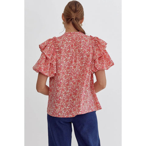 Floral Pink Puff Sleeve Top-Apparel > Womens > Tops > Shirts-Pink Dot Styles
