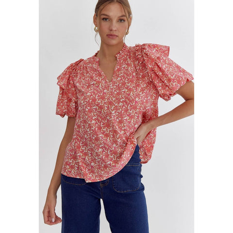 Floral Pink Puff Sleeve Top-Apparel > Womens > Tops > Shirts-Pink Dot Styles
