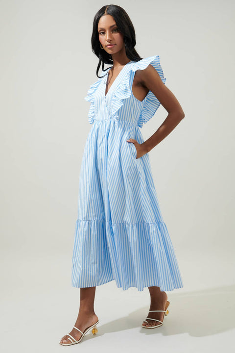 Striped Fairness Poplin Suplice Midi Dress:-Apparel > Womens > Dresses & Jumpsuits-Pink Dot Styles