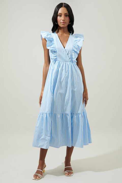 Sugarlips-Striped Fairness Poplin Suplice Midi Dress: Blue/Stripe / L-Pink Dot Styles