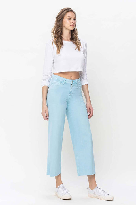 HIGH RISE CROP WIDE LEG JEANS T5872PT: PASTEL TORQUOISE / 25-Pink Dot Styles