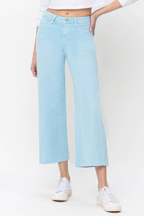 HIGH RISE CROP WIDE LEG JEANS T5872PT: PASTEL TORQUOISE / 25-Pink Dot Styles