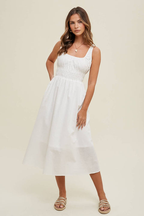 White Linen Midi Dress-Apparel > Womens > Dresses & Jumpsuits-Pink Dot Styles