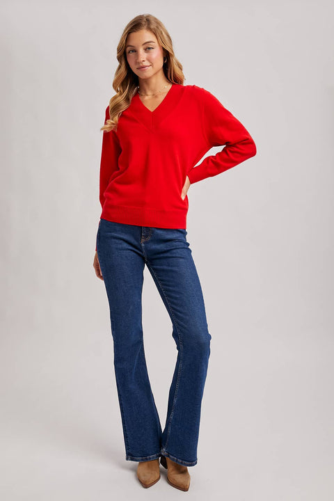 Ribbed V-Neck Knit Sweater: Ruby Red