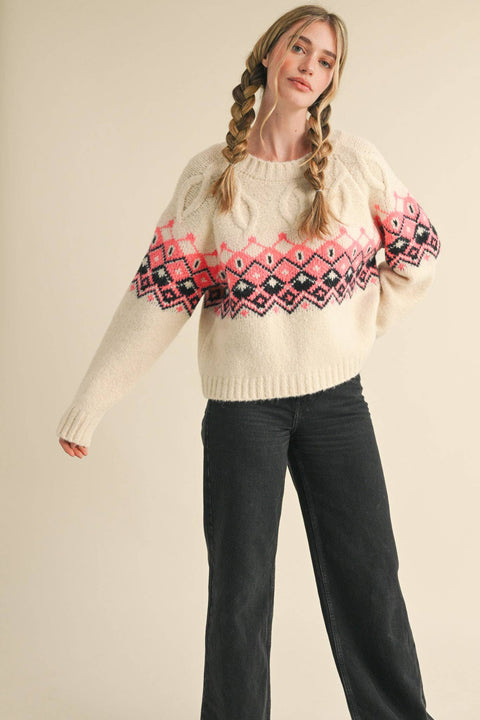 Fair Isle Sweater: Ivory & Pink