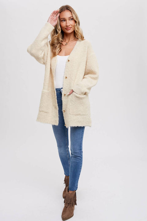 Bluivy-Silver Button Boucle Cardigan: Oatmeal-Pink Dot Styles