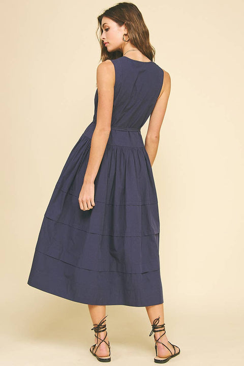 PINCH-Navy Poplin Midi Dress-Pink Dot Styles