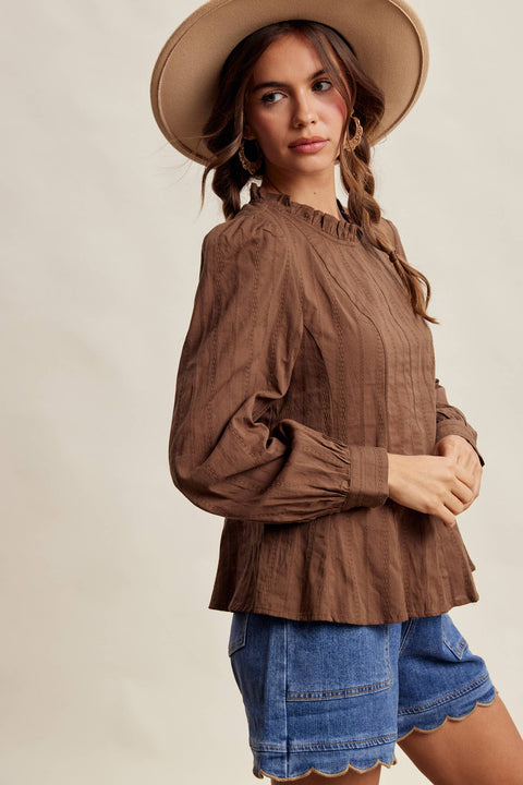 Chocolate Brown Ruffle Neck Blouse