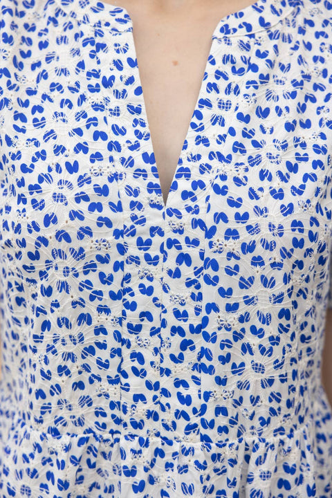 VOY-35636 Self Tie Short Puff Sleeve Floral Embroidered Dress: Blue / S-Pink Dot Styles