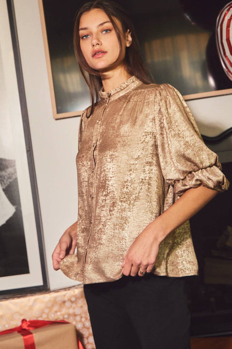 Shimmer Foiled Button Front Blouse: Champagne Gold