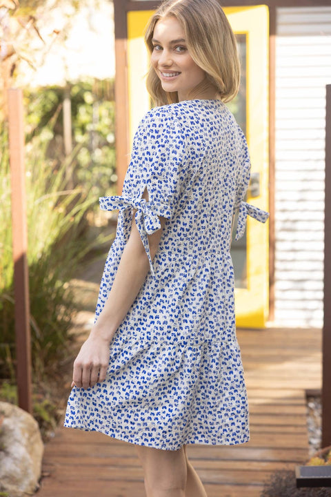 VOY-35636 Self Tie Short Puff Sleeve Floral Embroidered Dress: Blue / S-Pink Dot Styles