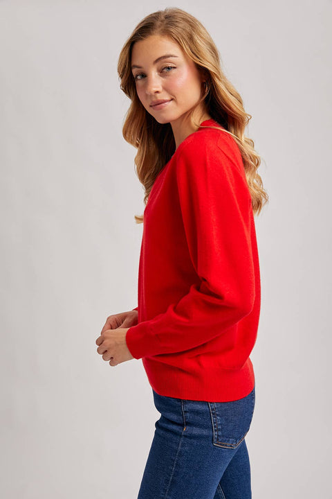 Ribbed V-Neck Knit Sweater: Ruby Red