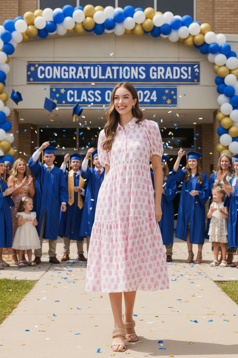 TCEC-Floral Print Puff Sleeve Tiered Midi Dress: Pink-Pink Dot Styles