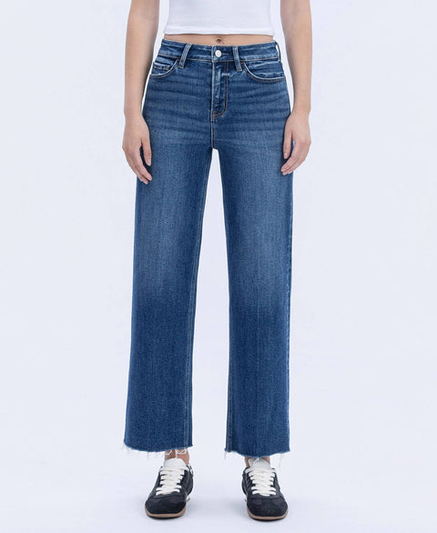 FLYING MONKEY-High Rise Trouser Press Wide Leg Jeans-Pink Dot Styles