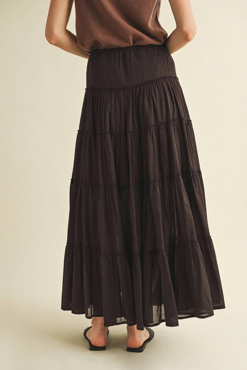 Mustard Seed-Beaded Drawstring Tiered Maxi Skirt: Chocolate-Pink Dot Styles