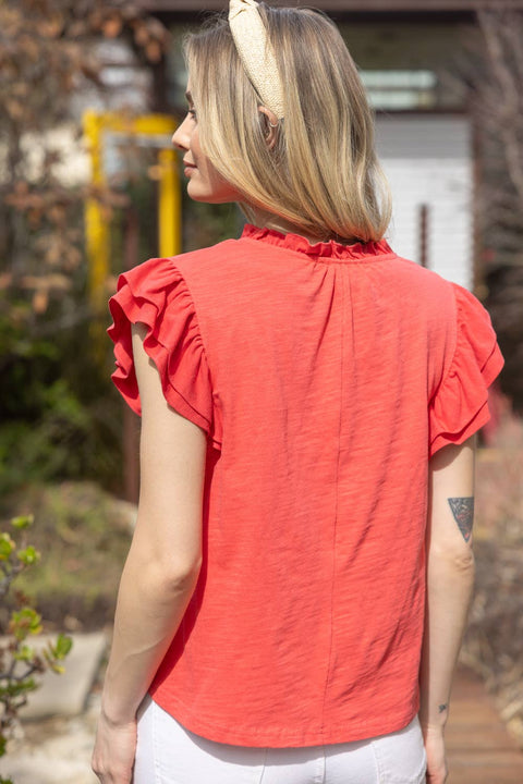 VOY-Contrast Band Ruffle Sleeve Knit Top: Coral-Pink Dot Styles
