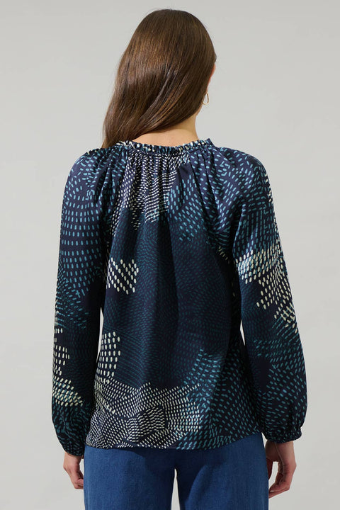 Kirby Geometric Jovie Split Neck Satin Raglan Blouse: NavyCream