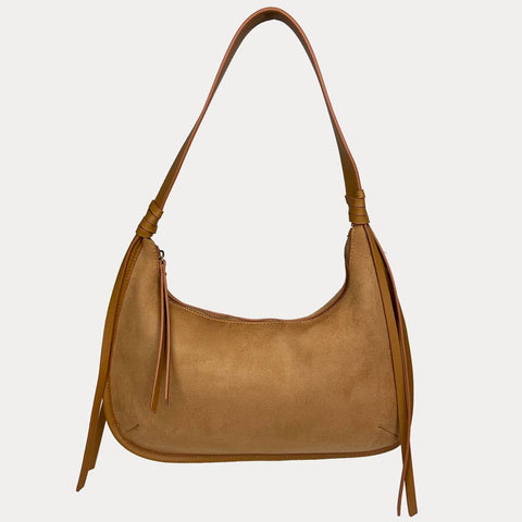 Sara Solid Suede Shoulder Bag w/ Tassels: Cream