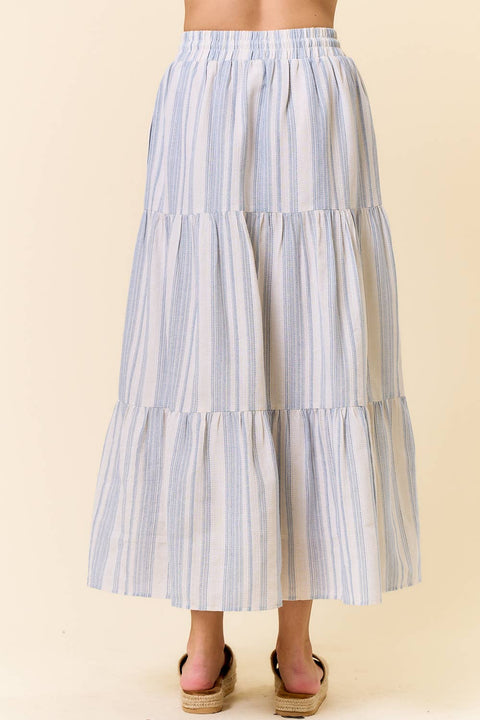Doe and Rae-Striped Tiered Maxi Skirt: Blue and White-Pink Dot Styles