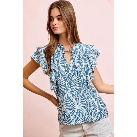Botanical Printed Ruffle Sleeve Top