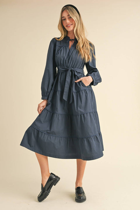 &MERCI-Navy Contrast Binding Midi Dress-Pink Dot Styles