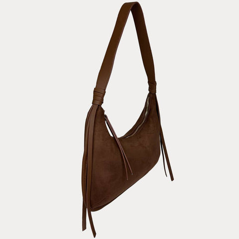 Sara Solid Suede Shoulder Bag w/ Tassels: Cream