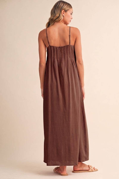 Pintuck Detailed Strappy Maxi Dress – Chocolate Brown