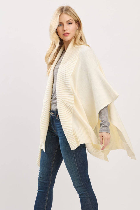 MS0455 Soft Knit Open Front Shawl With Ribbed Trim: Ivory