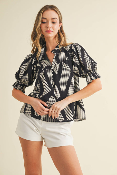 Geometric Stripes Print Puff Sleeve Blouse: Black