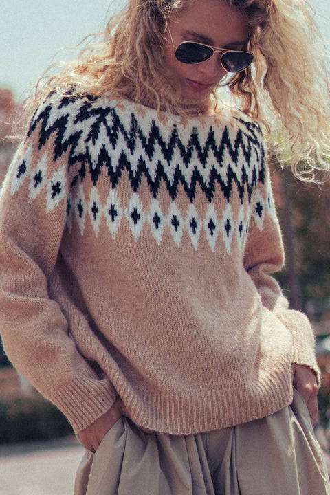 Fair Isle Knit Turtleneck Sweater: Taupe