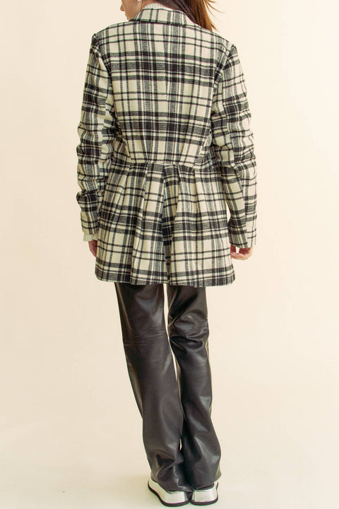 Davi & Dani-PLAID PLEATED DETAIL LONG SLEEVE BLAZER JACKET: IVORY BLACK / S-Pink Dot Styles