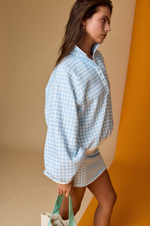 Blue Gingham Quarter Snap Sweatshirt